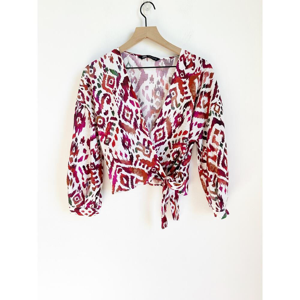 Zara Boho Print Wrap Surplice Top White Pink Red Orange Green